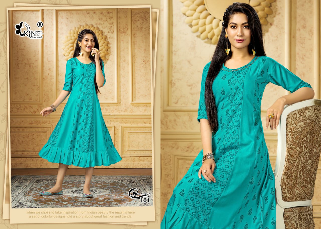 Kinti Waves Rayon Printed Ethnic Wear Designer Latest Anarkali Kurti Collection